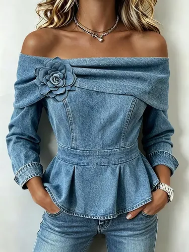 Party Off The Shoulder 3D Elegant Ruffle Tencel Denim Blouses - Ursime - Modalova