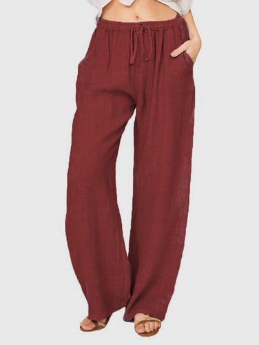 Casual Plain Drawstring Elastic Waist Straight Leg Pants - Ursime - Modalova