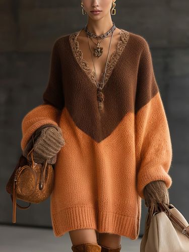 Party Lace Colorblock V Neck Lantern Sleeve Long Sleeve Contrast Boho Knitted Mini Dresses - Ursime - Modalova
