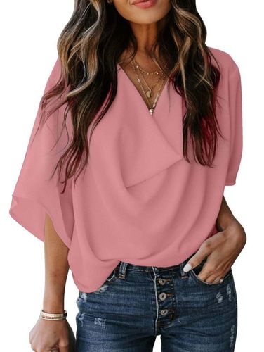 Solid Drape Neck Casual Chiffon Top - Ursime - Modalova