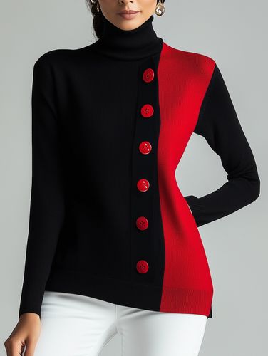 Colorblock Button Long Sleeve Turtleneck Sweater - Ursime - Modalova
