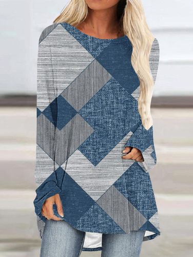 Crew Neck Long Sleeve Denim Pattern Mid-length Blouse - Ursime - Modalova