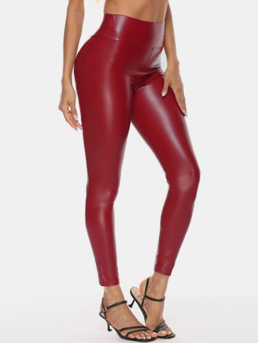Casual Solid High Rise Patent PU Leather Leggings - Ursime - Modalova