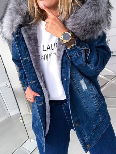 Plush Long Sleeve Single Breasted Pockets Denim Coat - Ursime - Modalova