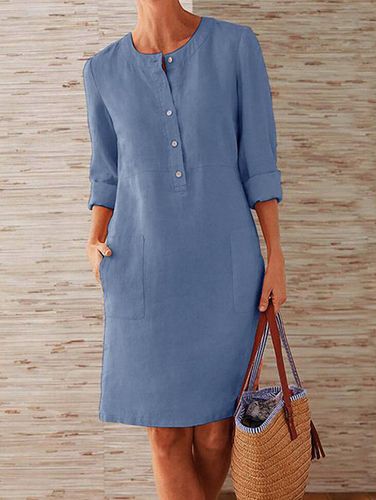 Daily Solid Half Button Long Sleeve Pocket Midi Dress - Ursime - Modalova