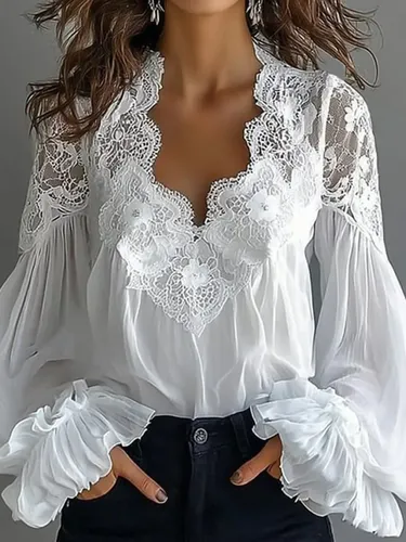 Lace Floral Scallop Neck Lantern Sleeve Ruffled Cuff Blouse - Ursime - Modalova