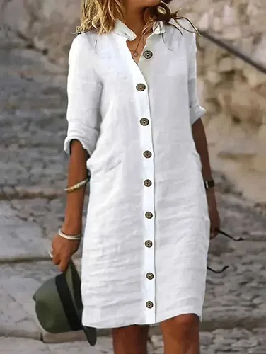 Casual Solid Single Breasted Half Sleeve Midi Dress - Ursime - Modalova