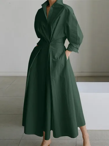 Elegant Pocket Button Lapel Collar Fold Solid Midi Dress - Ursime - Modalova