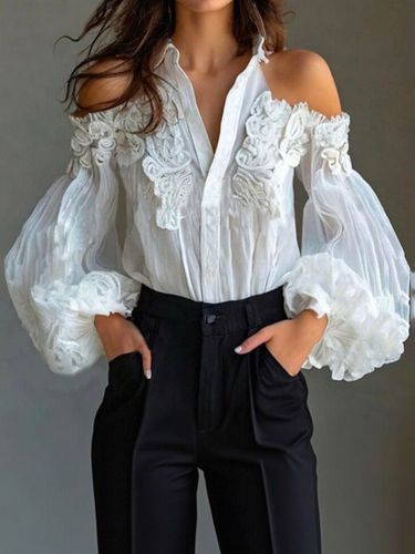 Shirt Collar Cold Shoulder Puff Sleeve Button Blouse - Ursime - Modalova