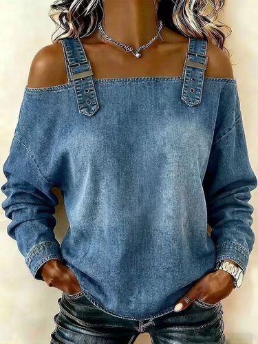 Daily Blue Off The Shoulder Long Sleeve Casual Denim Shirt - Ursime - Modalova