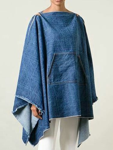 Casual Utility Pocket Asymmetric Hem Plain Denim Top - Ursime - Modalova
