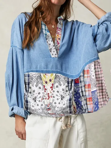 Casual Denim Patchwork Half Placket Loose Blouse - Ursime - Modalova