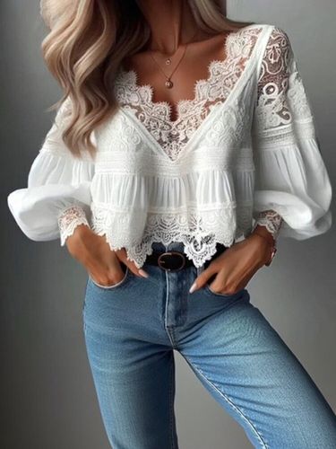 Everyday Lace Patchwork V Neck Lantern Sleeve Irregular Hem Blouse - Ursime - Modalova