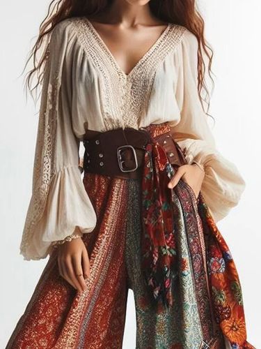Boho V Neck Lace Lantern Sleeve Solid Blouse - Ursime - Modalova