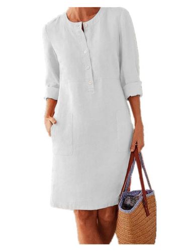 Daily Solid Half Button Long Sleeve Pocket Midi Dress - Ursime - Modalova