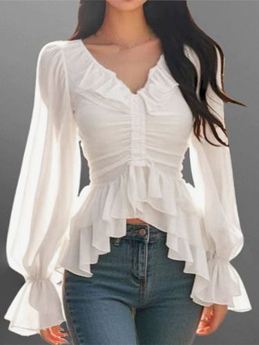 Elegant Ruffle V Neck Lantern Sleeve Layered Blouse - Ursime - Modalova