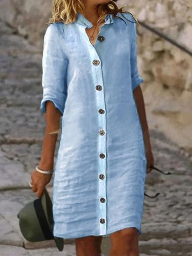 Casual Solid Single Breasted Half Sleeve Midi Dress - Ursime - Modalova