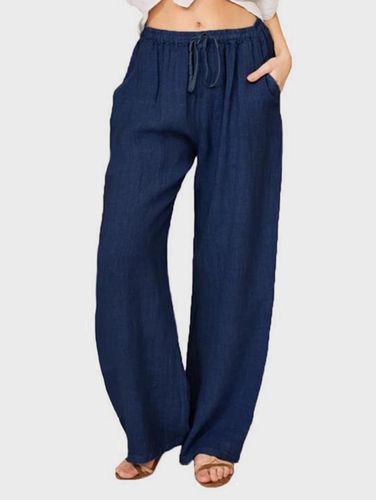 Casual Plain Drawstring Elastic Waist Straight Leg Pants - Ursime - Modalova