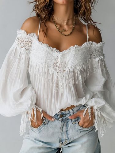 Boho Lace Cold Shoulder Ruffled Lantern Sleeve Fringes Blouse - Ursime - Modalova
