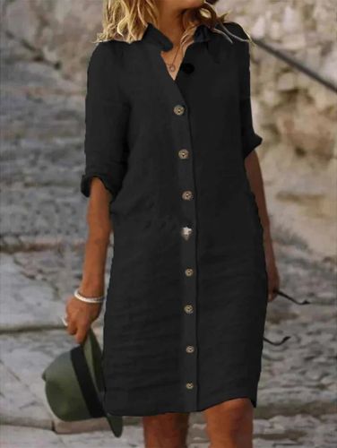 Casual Solid Single Breasted Half Sleeve Midi Dress - Ursime - Modalova