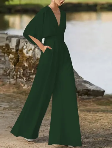 Elegant Deep V Neck Plain Half Sleeve High Waist Wide Leg Jumpsuit - Ursime - Modalova