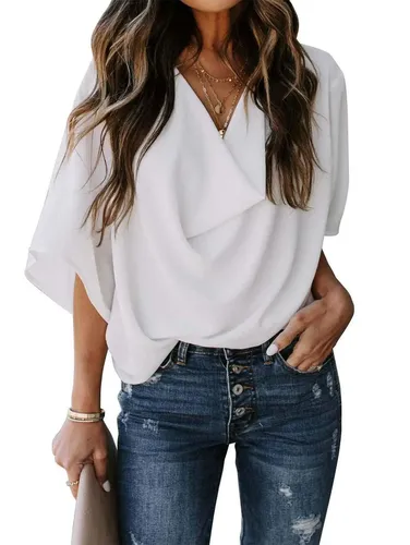 Solid Drape Neck Casual Chiffon Top - Ursime - Modalova