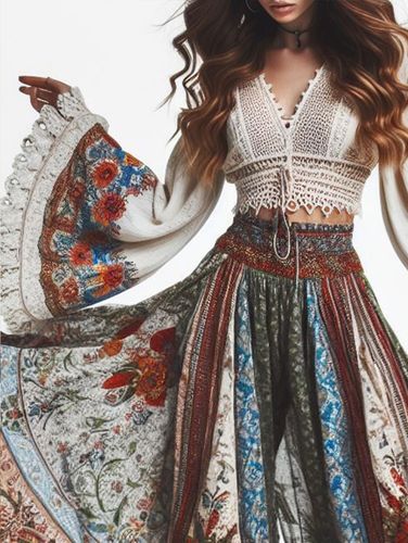 Boho Floral Pattern Cropped V Neck Flare Sleeve Blouse - Ursime - Modalova