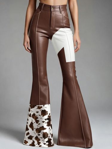 Western Cow Pattern PU Leather High Waist Bell Bottom Pants - Ursime - Modalova