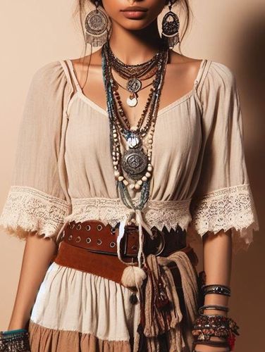 Boho V Neck Half Sleeve Lace Splicing Blouse - Ursime - Modalova