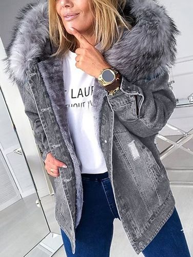 Plush Long Sleeve Single Breasted Pockets Denim Coat - Ursime - Modalova
