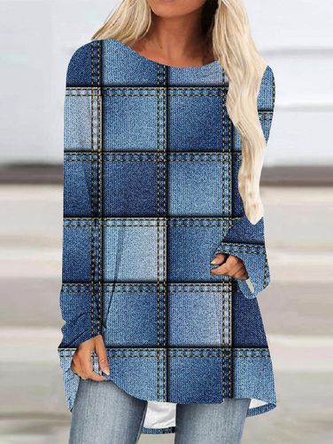 Crew Neck Long Sleeve Denim Pattern Mid-length Blouse - Ursime - Modalova