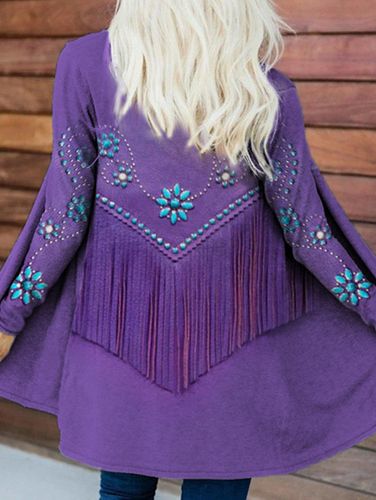 Boho Fringe Print Open Front Long Sleeve Cardigan - Ursime - Modalova