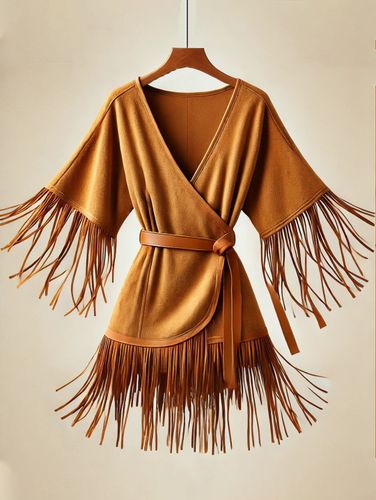 Boho V Neck Long Fringed Solid Cardigan - Ursime - Modalova