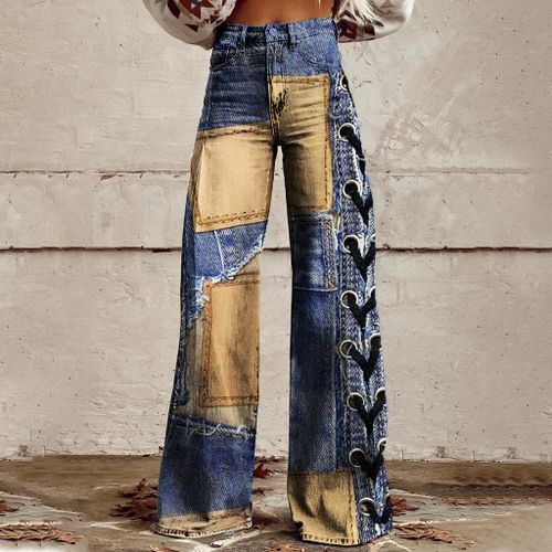Patchwork Allover Pattern High Rise Wide Leg Pants - Ursime - Modalova