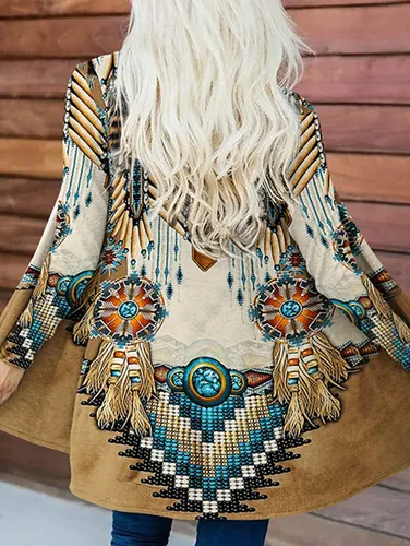 Boho Fringe Print Open Front Long Sleeve Cardigan - Ursime - Modalova