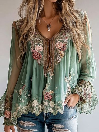 V Neck Long Sleeve Floral Pattern Asymmetrical Hem Blouse - Ursime - Modalova