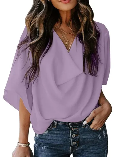 Solid Drape Neck Casual Chiffon Top - Ursime - Modalova