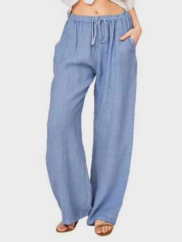 Casual Plain Drawstring Elastic Waist Straight Leg Pants - Ursime - Modalova