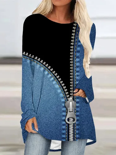 Crew Neck Long Sleeve Denim Pattern Mid-length Blouse - Ursime - Modalova