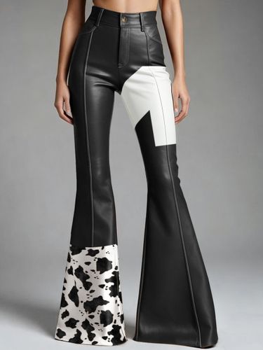 Western Cow Pattern PU Leather High Waist Bell Bottom Pants - Ursime - Modalova