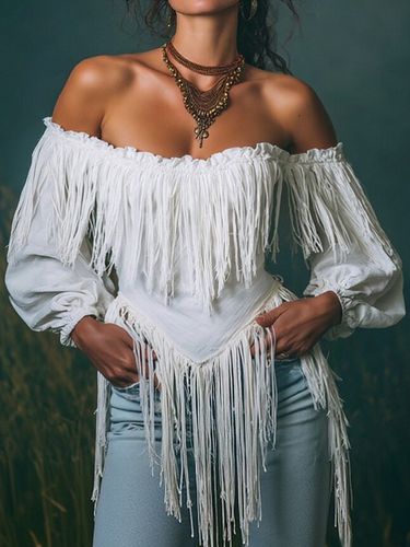 Ruffle Off Shoulder Irregular Fringe Lantern Sleeve Blouse - Ursime - Modalova