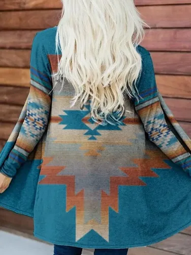 Boho Fringe Print Open Front Long Sleeve Cardigan - Ursime - Modalova