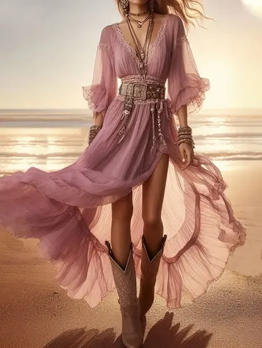 Boho V Neck Ruffled 3/4 Sleeve Split Maxi Dress - Ursime - Modalova