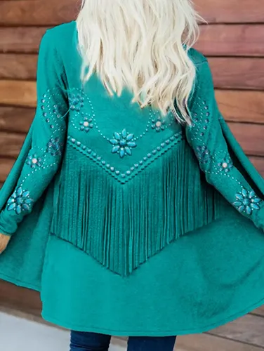 Boho Fringe Print Open Front Long Sleeve Cardigan - Ursime - Modalova