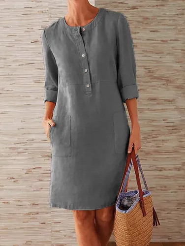 Daily Solid Half Button Long Sleeve Pocket Midi Dress - Ursime - Modalova