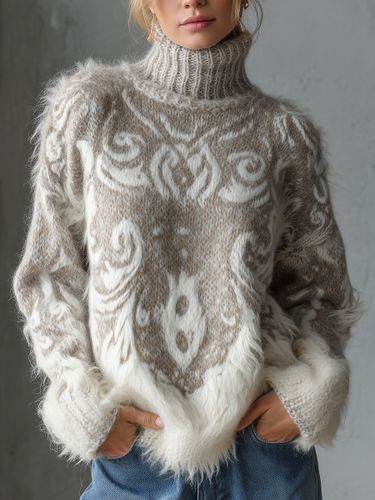 Turtleneck Long Sleeve Patterned Fuzzy Knit Sweater - Ursime - Modalova