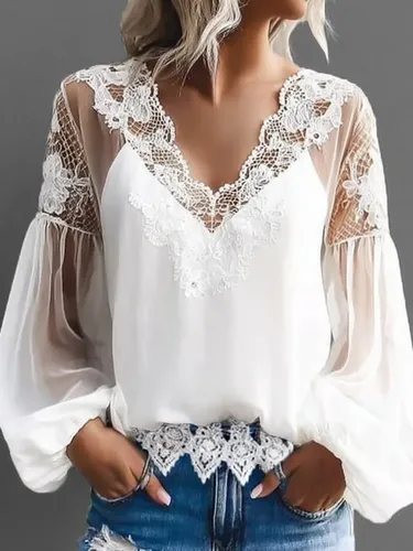 Hollow Lace V Neck Lantern Sleeve Blouse - Ursime - Modalova