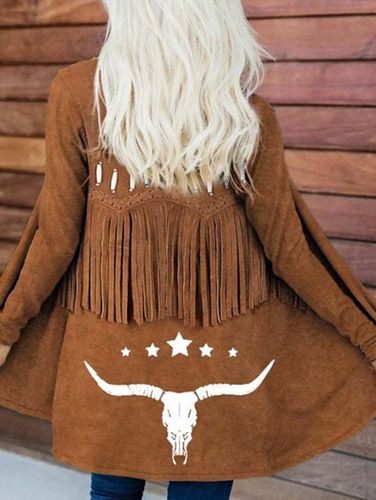 Boho Fringe Print Open Front Long Sleeve Cardigan - Ursime - Modalova