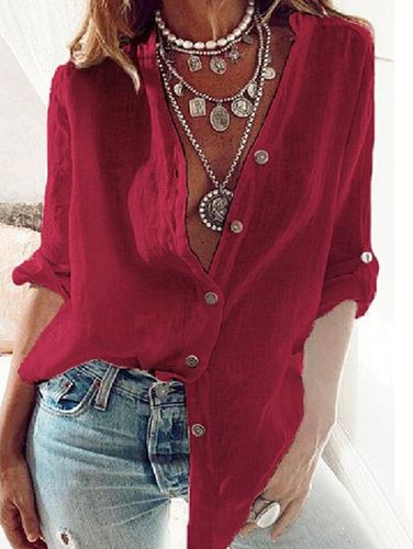 Casual Plain Long Sleeve Button Down Loose Blouse - Ursime - Modalova
