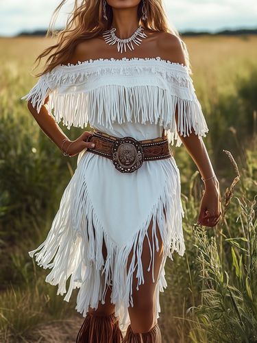 Off The Shoulder Fringe Irregular Hem Midi Dress - Ursime - Modalova
